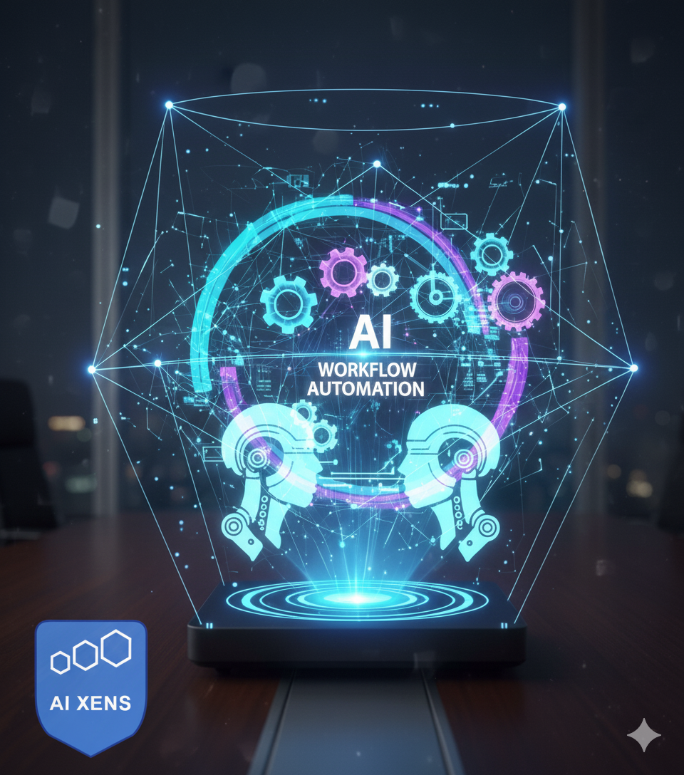 AI Workflow Automation - Futuristic holographic display showing interconnected AI systems, gears, and network connections representing automated business processes and strategic AI implementation