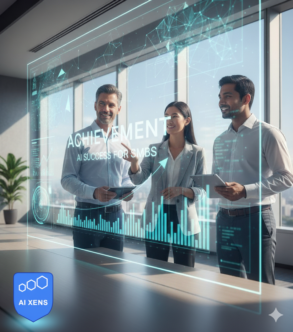 AI Success Achievement - Professional business team celebrating AI implementation success with holographic analytics dashboards and performance metrics overlay showing achievement and AI success rates